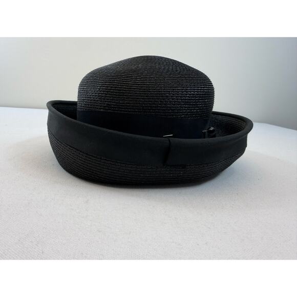 Vintage Union Made Black Tilt Cocktail Hat with Bow Original Hat Pin 8” Diameter main image 8
